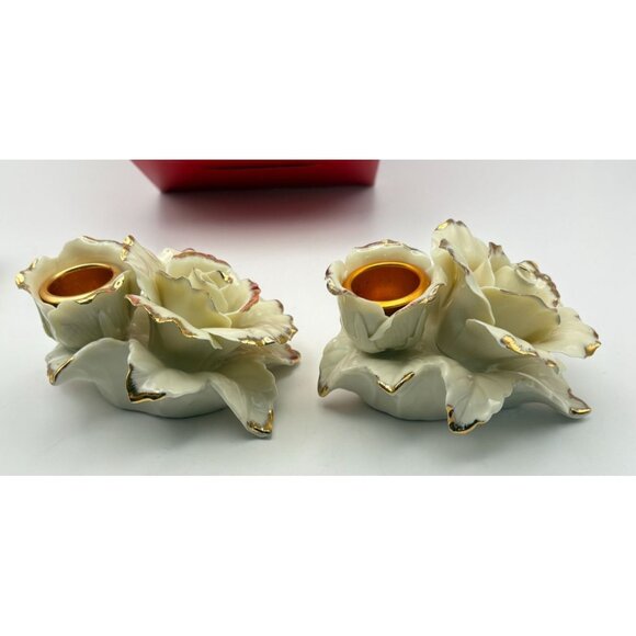 Avon Winter Rose Porcelain Candle Holders Vintage Christmas Rose Pair Gold Trim - Picture 7 of 12